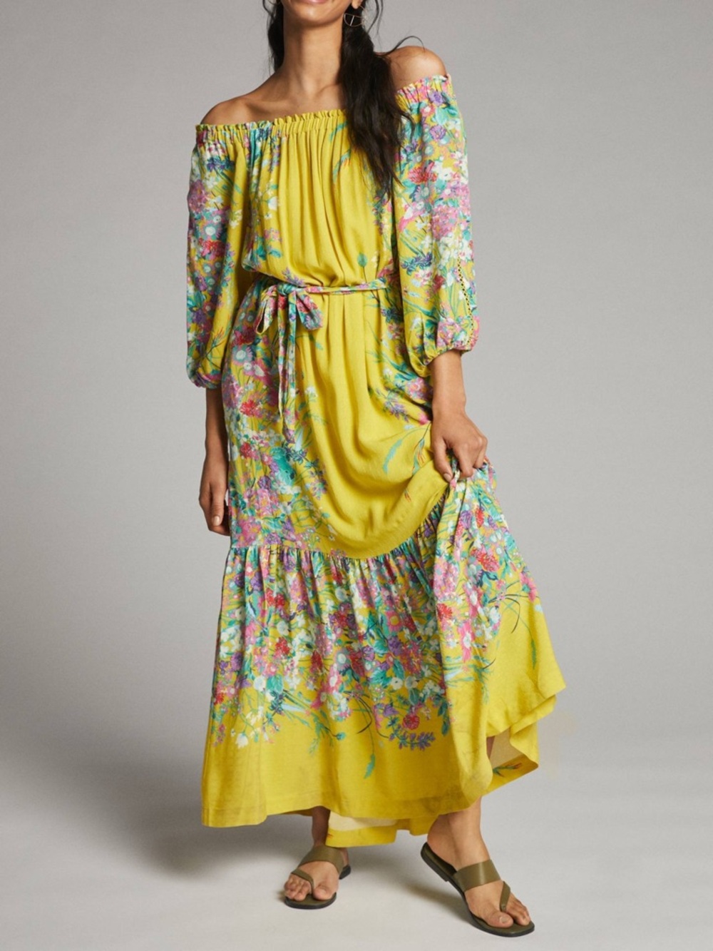 Anthropologie Off-the-Shoulder Floral Maxi Dress Size S Puff Sleeve Lined Boho